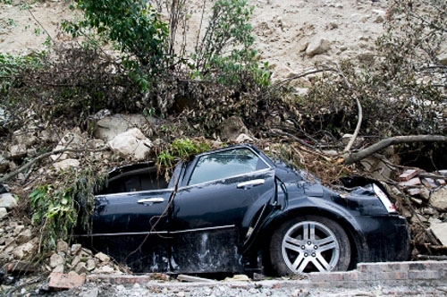Destroyed car during an earthquake in Sichuan, China