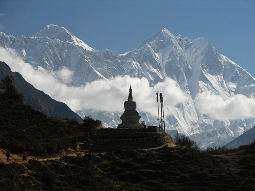 Mt. Everest (leftmost peak) has daunted climbers for decades to conquer it. Beside it is Lhotse which, at 27,939 feet, is the fourth tallest mountain in the world.